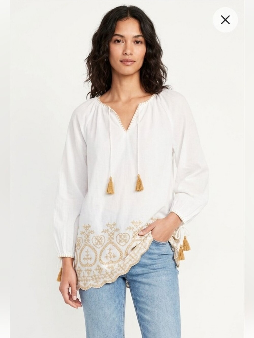 Old Navy Women’s White Embroidered Tassel Tunic Top Size L 100% Cotton